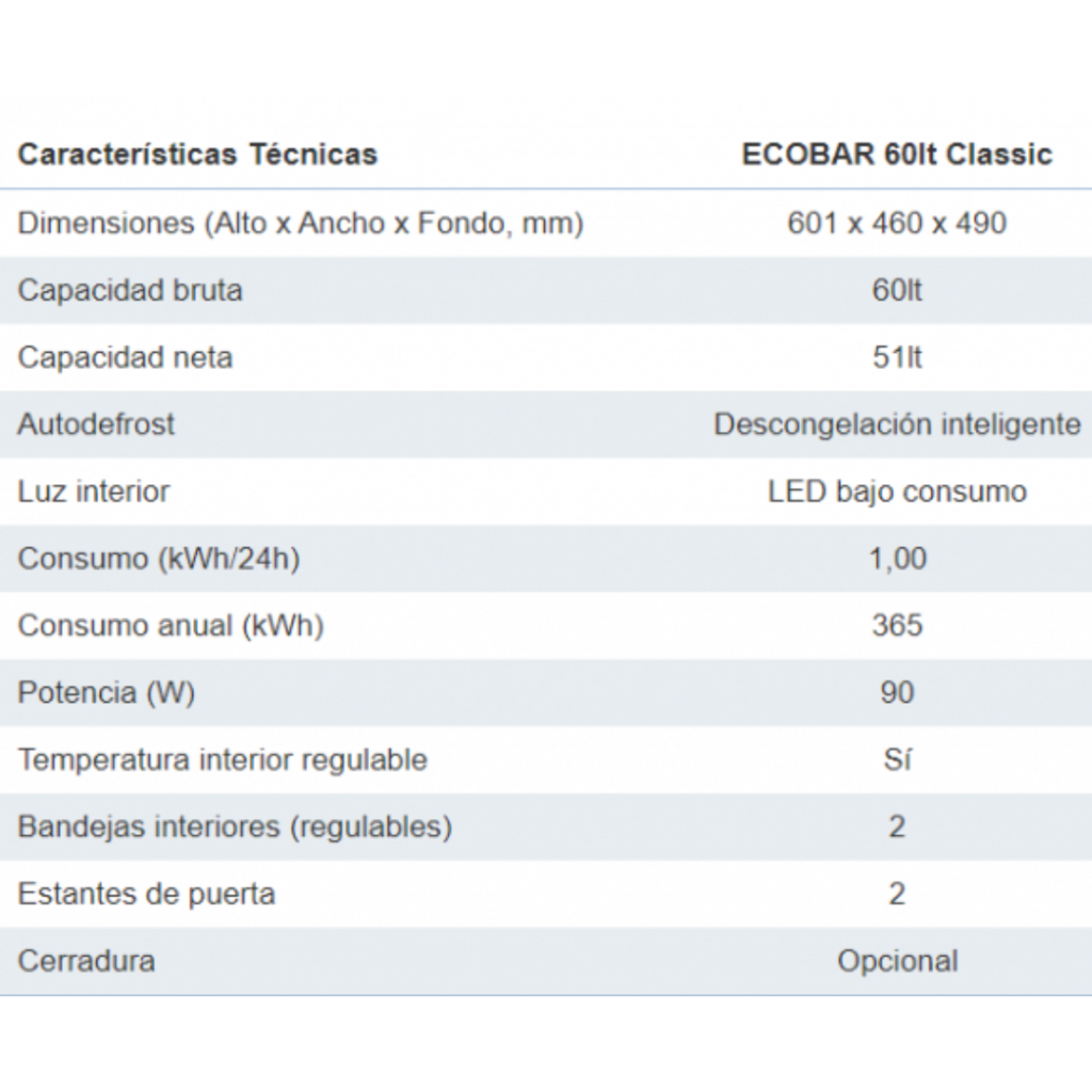 CARACTERÍSTICAS PRINCIPALES ECOBAR CLASSIC 60 LITROS